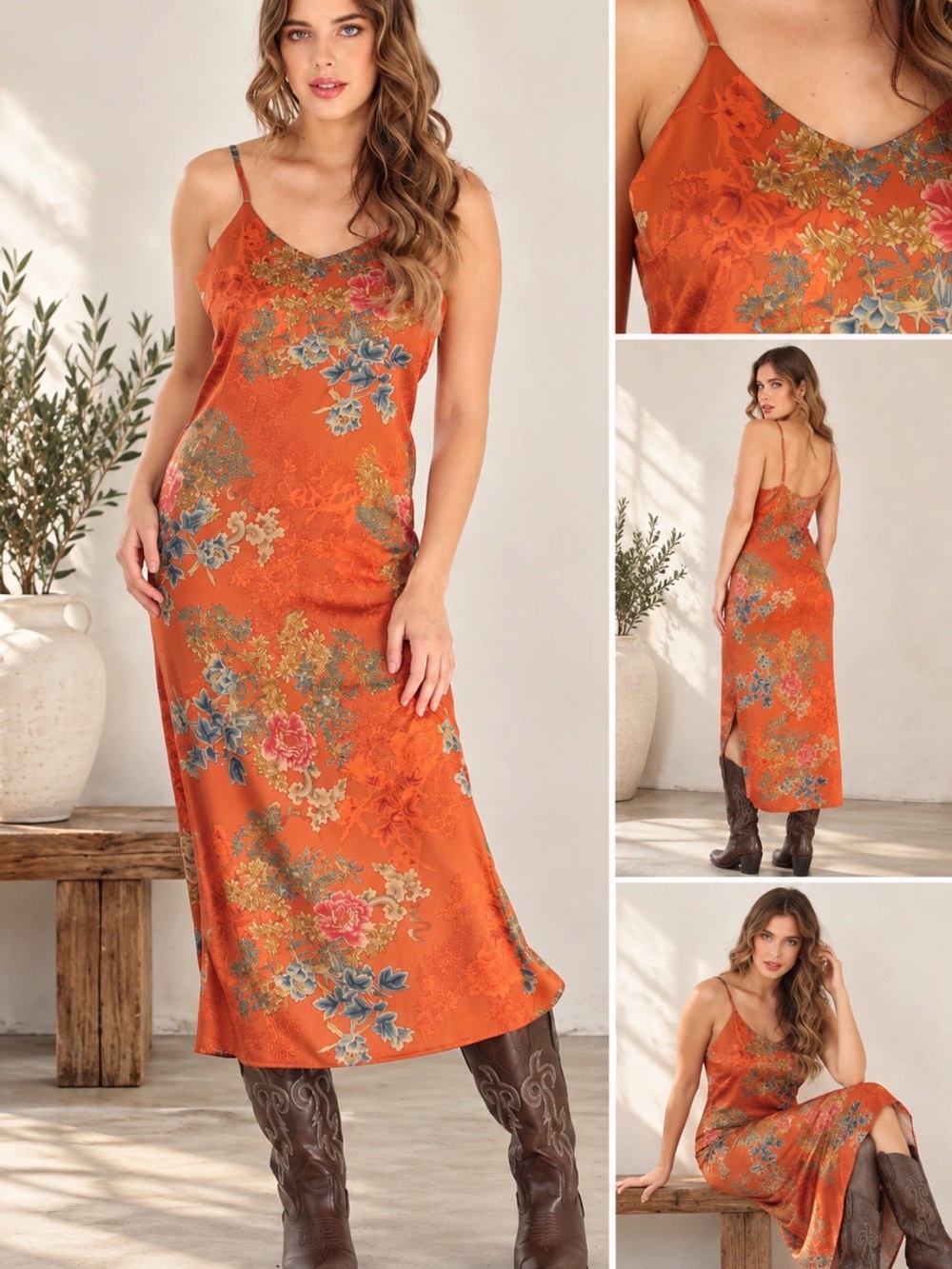 Print Panner Floral Slip Dress - Rust Orange